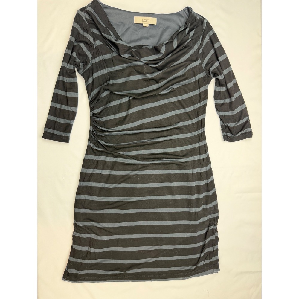 Ann Taylor Loft Womens Small Black Gray Striped Cowl Neck Ruched Sheath Dress